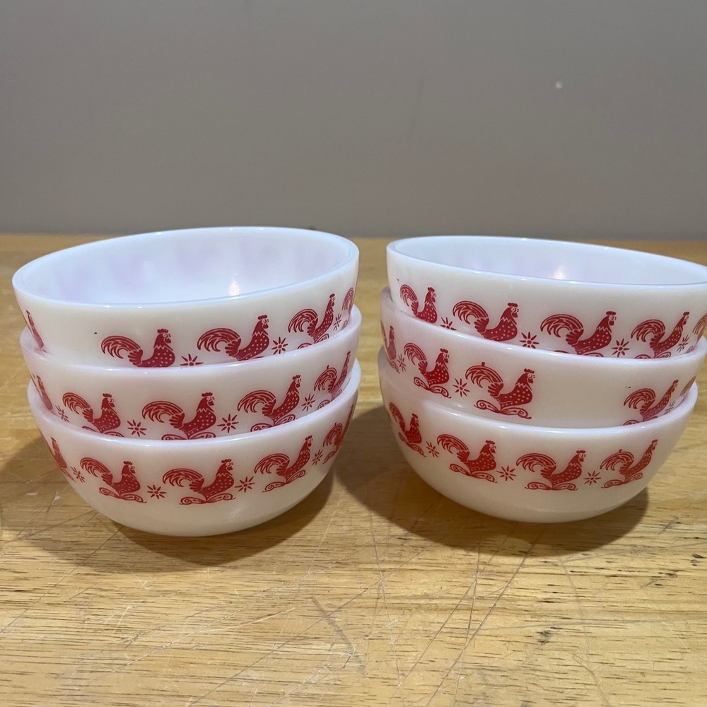 Vtg Hazel Atlas Red Rooster Milk Glass Fruit Bowls‎ Set of 6 Mid Century Modern